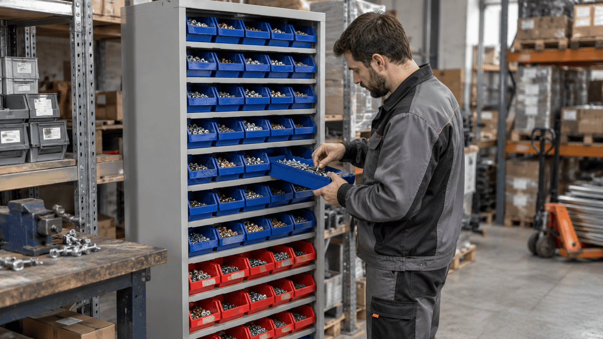 Как выбрать стеллаж с ящиками для склада метизов: параметры выбора